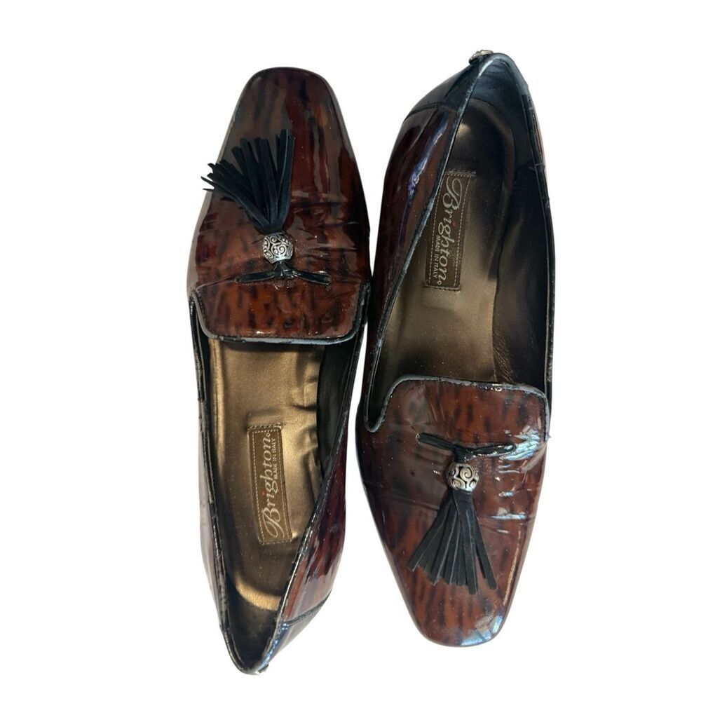 Brighton Size 7.5 Embossed Patent Leather Loafers Brown Glossy Cheetah Print